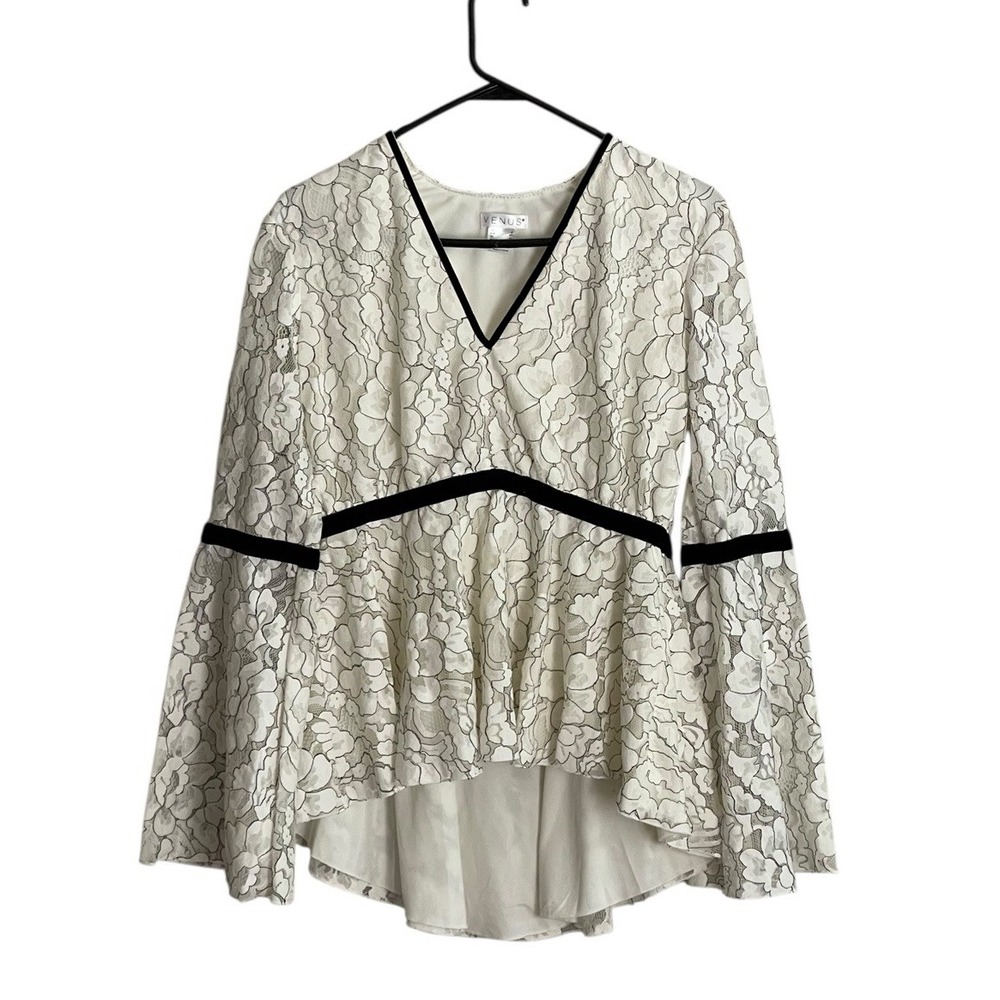 Venus Women Lace Top Sz 8 Black Velvet Trim Bell Sleeve Babydoll Peplum Fairy